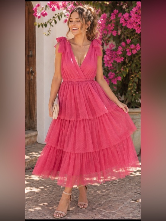 Baltic Born Dresses & Skirts - Baltic Born Pink Tiered Tulle Maxi Dress with Bow Straps - Romantic Formal Dress
